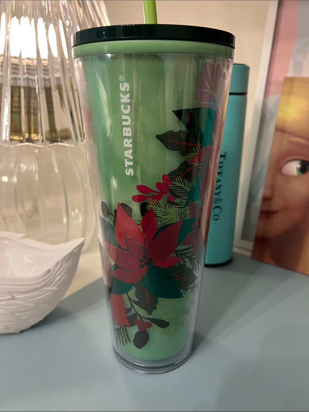 Starbucks Green Tumbler with Red Poinsettia Floral Design and Dark Green Lid
